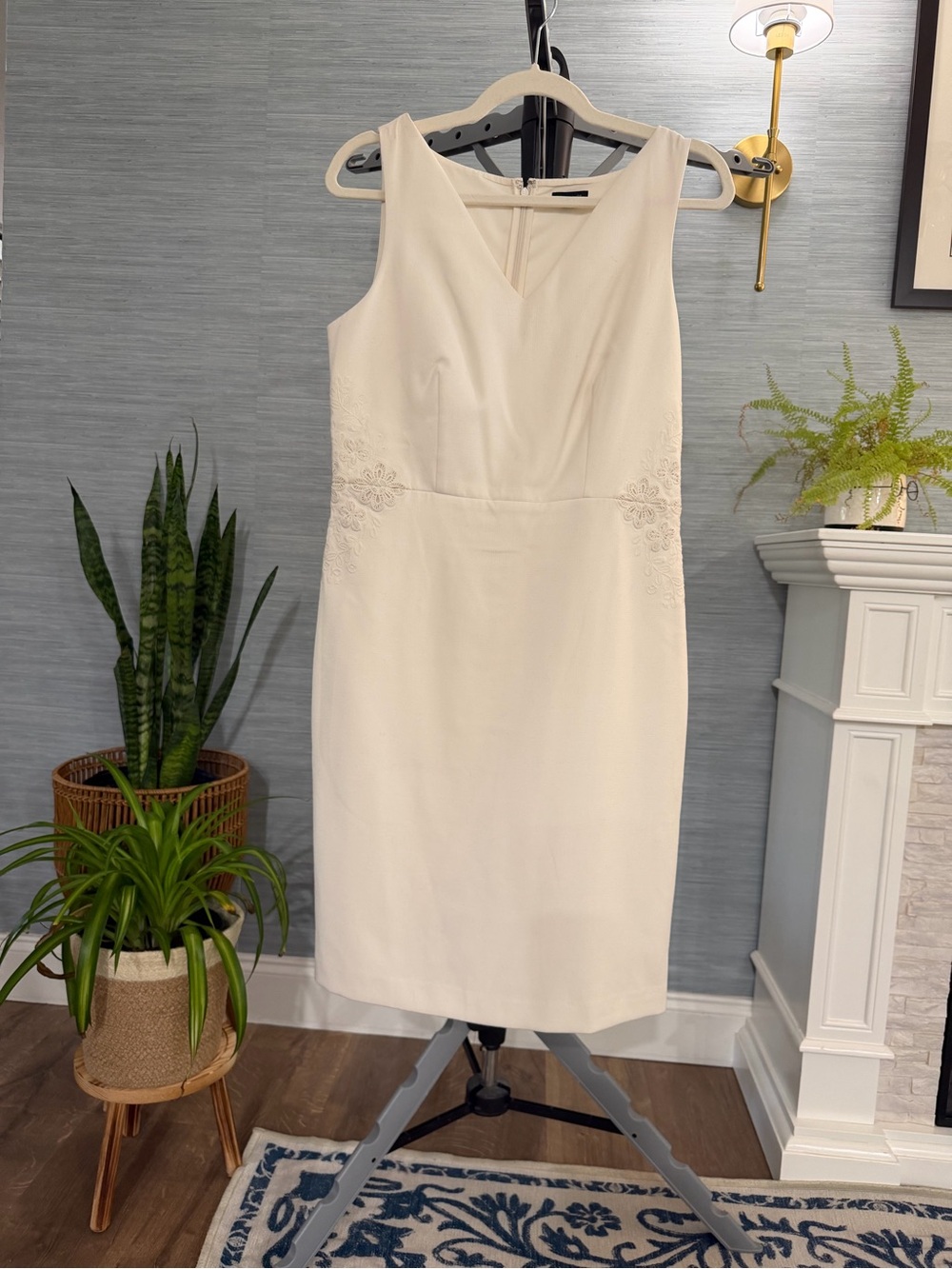 Ann Taylor Ivory V-Neck Midi Sheath Dress